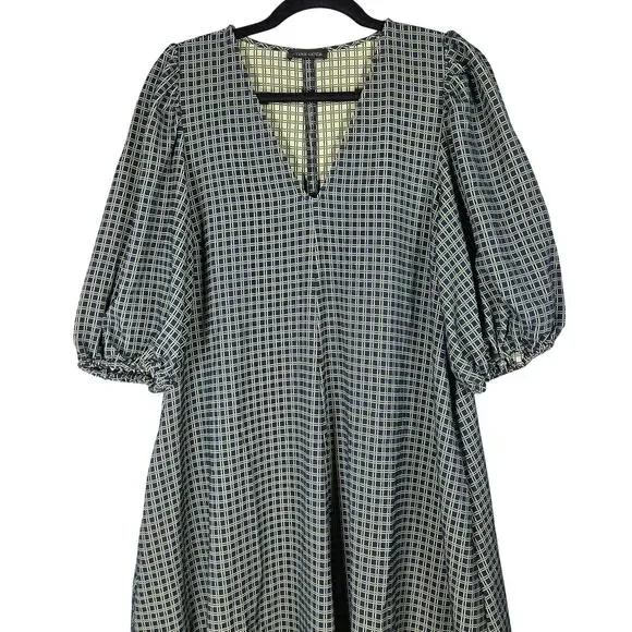 Stine Goya Mavelin Midi Dress Small 916 Grid Stretch Blue Check Puff Sleeve - Picture 2 of 12